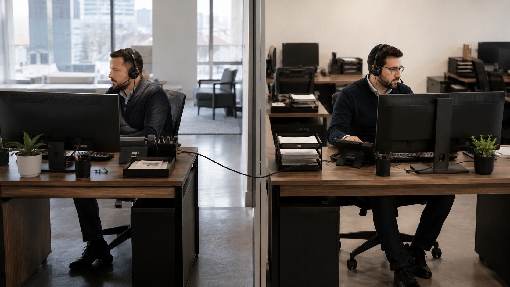 Two Mega Canadian employees working side by side at connected desks in the Montreal office