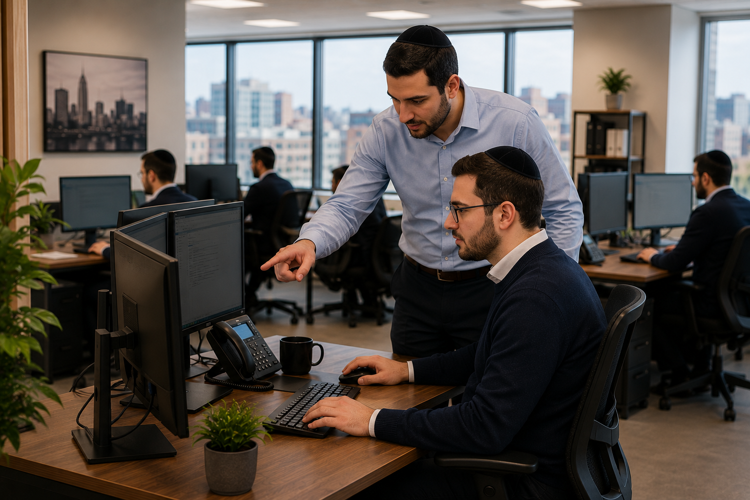 A Mega Canadian team lead helping an employee directly at their desk